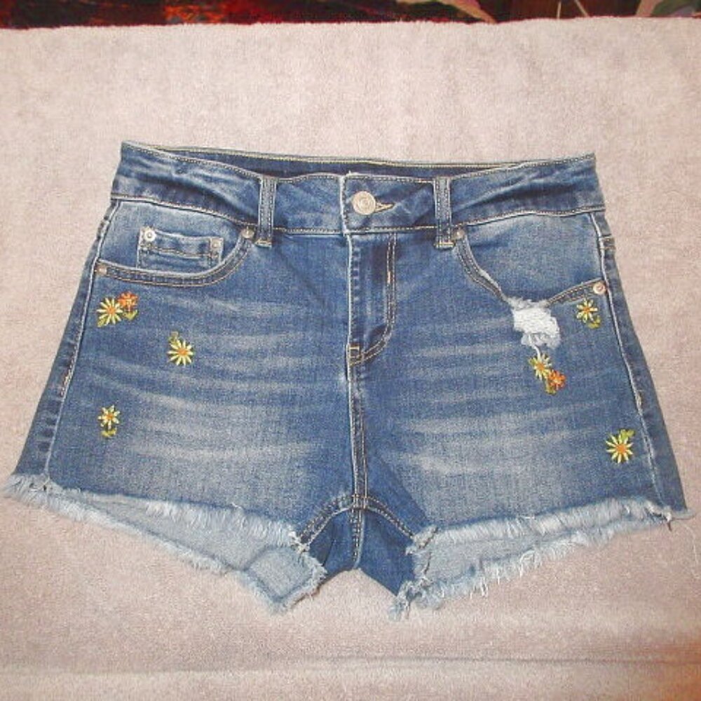 Floral Embroidered Jean Shorts Womens 29 Distressed Denim Cut Offs Micro Mini